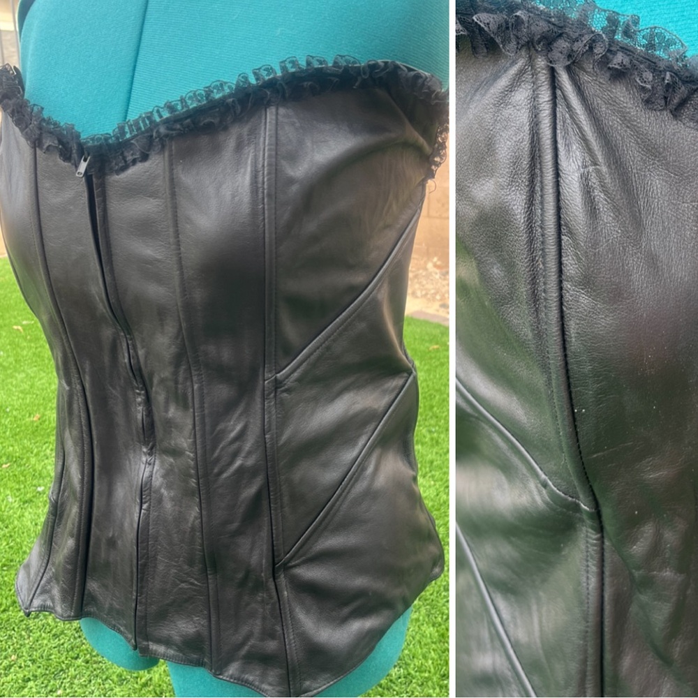 Vintage Black Genuine Leather Corset Bustier 42
